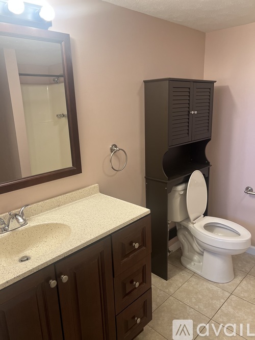 A bathroom with a toilet, sink, and medicine cabinet.