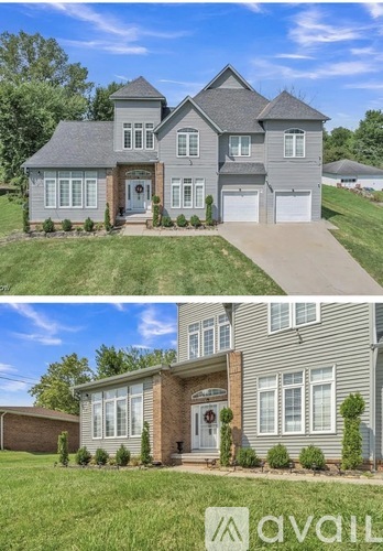 A two-story house with a garage is shown in two different angles.