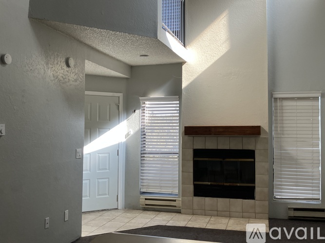 A living room with a fireplace and a door.