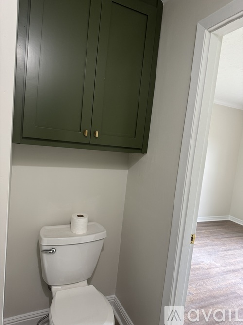 A white toilet with a roll of toilet paper on top sits in a bathroom with green cabinets.