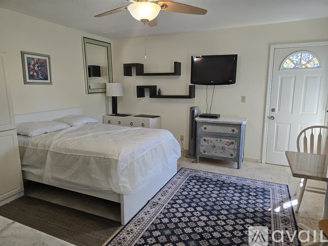 A bedroom with a bed, a TV, and a rug.