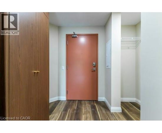 A hallway with a brown door and a wooden floor.