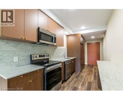A kitchen with wooden cabinets and a marble countertop.