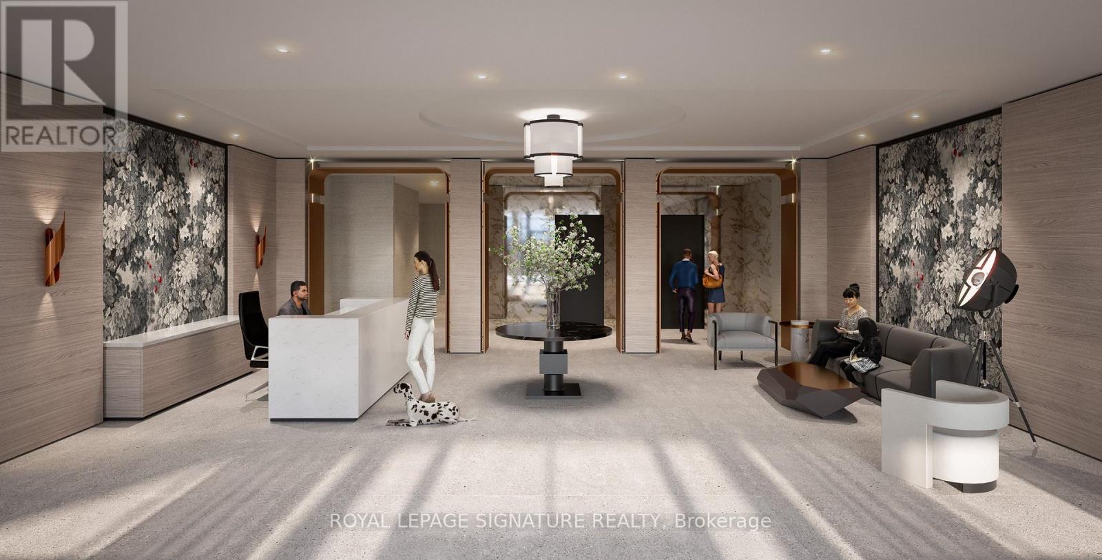 A modern living room with a large mirror and a woman standing in front of it.
