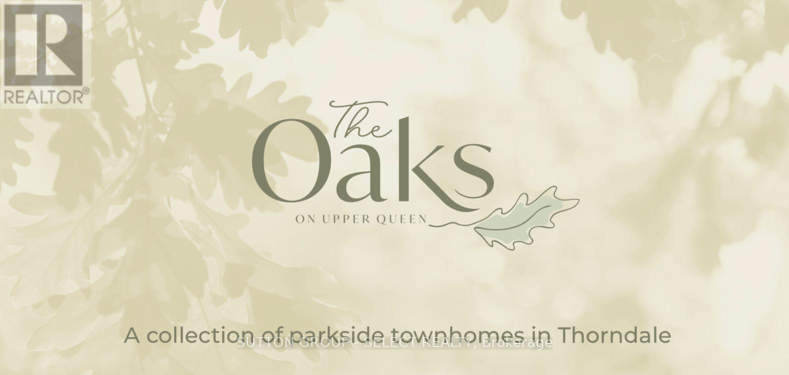 A realtor logo with the words "The Oaks" and "on Upper Queen" on a leafy background.