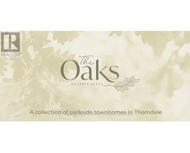 A realtor logo with the words "The Oaks" and "on Upper Queen" on a leafy background.