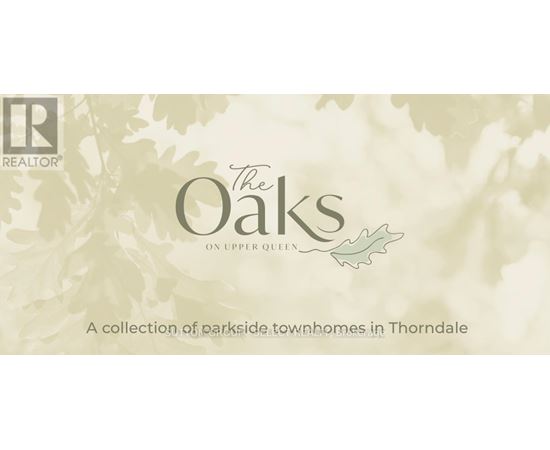 A realtor logo with the words "The Oaks" and "on Upper Queen" on a leafy background.