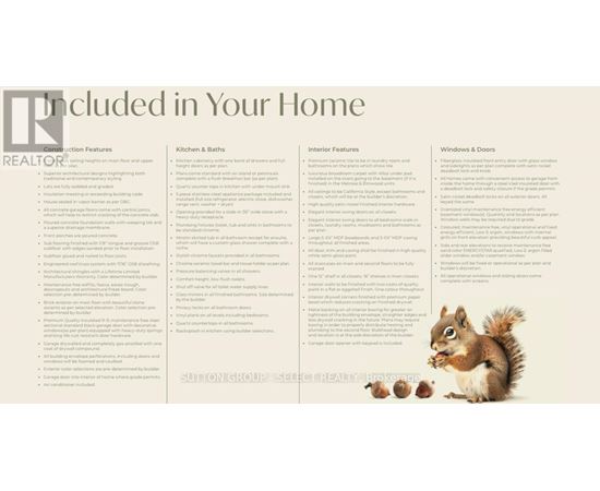 A real estate advertisement detailing the features of a property including kitchen, baths, interior, and windows & doors.