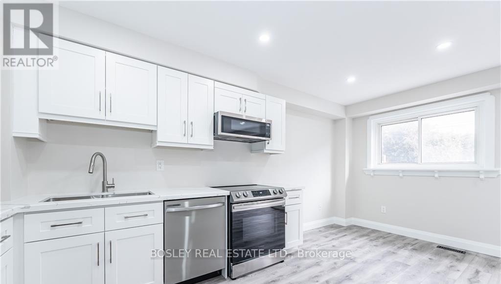 A modern kitchen with white cabinets and stainless steel appliances.