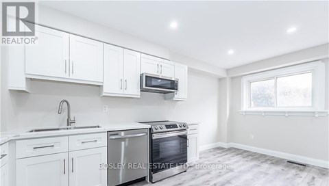 A modern kitchen with white cabinets and stainless steel appliances.
