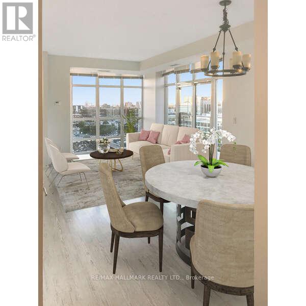 A dining room with a table set for two and a view of the city.