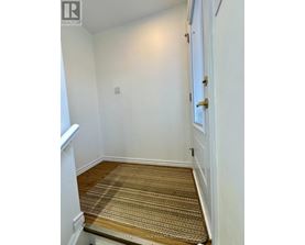 A hallway with a carpeted floor and a white door.