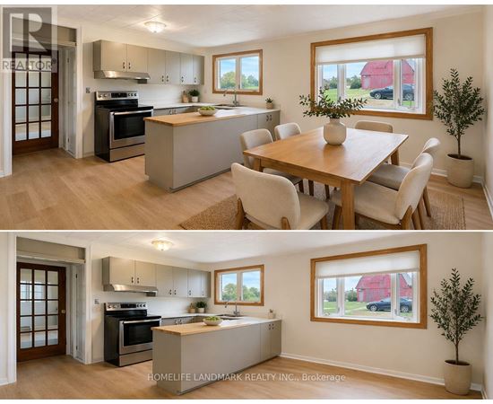 A modern kitchen with a dining table and chairs.