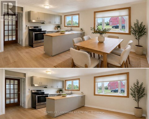 A modern kitchen with a dining table and chairs.