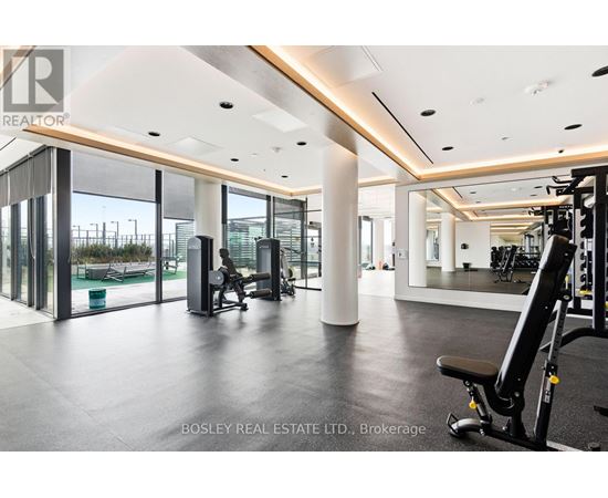 A gym with a variety of equipment including a treadmill, weights and a bench press.