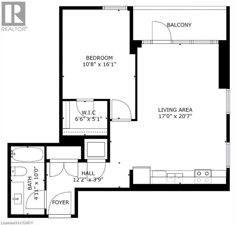 A black and white image of a floor plan for a home with a living area, bedroom, bathroom, foyer, and hall.