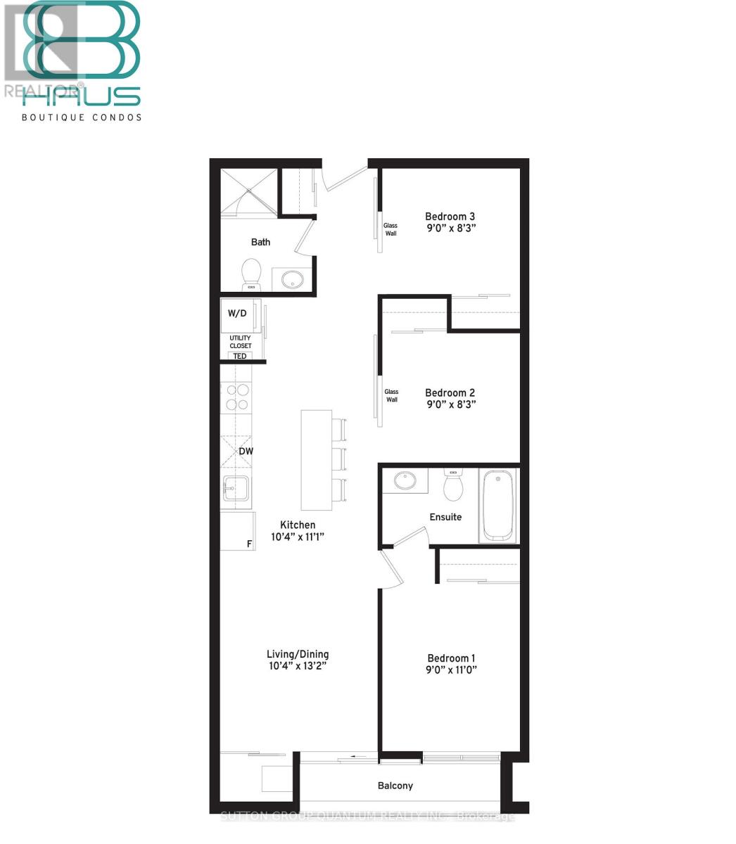 A floor plan for a condo with three bedrooms and a balcony.