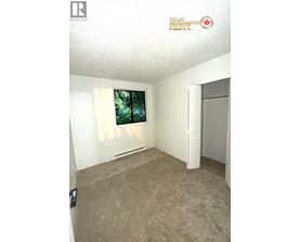 A room with a carpeted floor and a window with a view of trees.