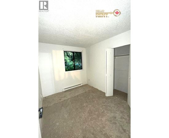 A room with a carpeted floor and a window with a view of trees.