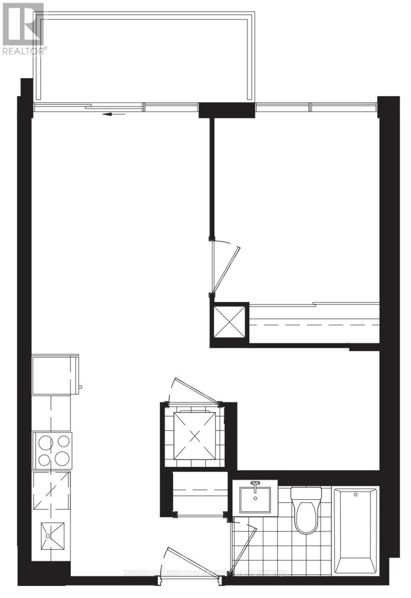 A black and white floor plan of a house with a kitchen, living room, and bathroom.