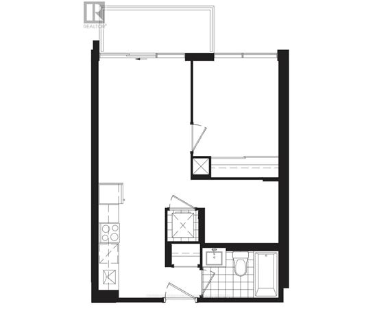 A black and white floor plan of a house with a kitchen, living room, and bathroom.