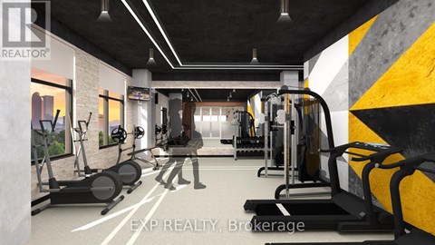 A gym with a variety of equipment including treadmills, weights, and exercise machines.