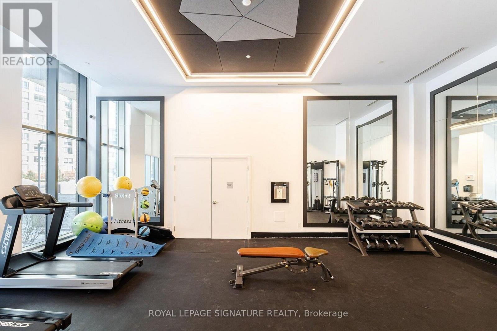 A gym with a treadmill, exercise balls, and weights.