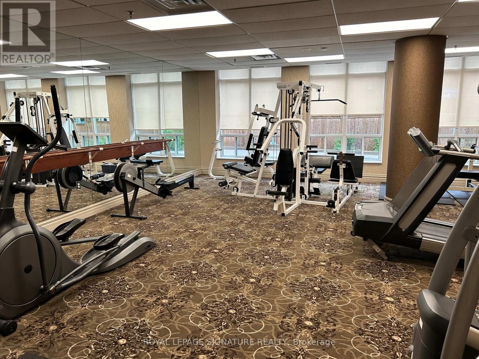 A gym with a variety of equipment including treadmills, stationary bikes, and weight machines.