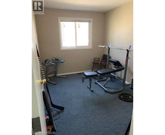 A home gym with a squat rack, bench, and weights.