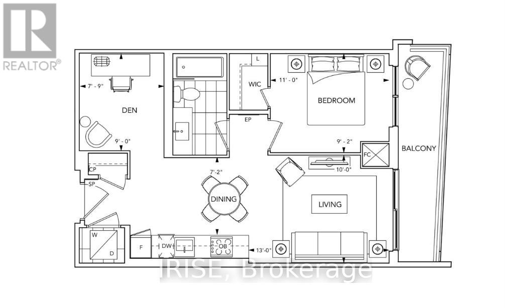 A floor plan of a house with a living room, dining room, bedroom, and bathroom.