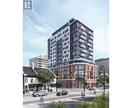 A rendering of a modern glass building in a city setting.