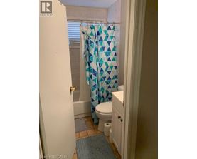A bathroom with a toilet, a shower curtain and a rug.