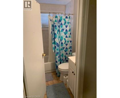 A bathroom with a toilet, a shower curtain and a rug.