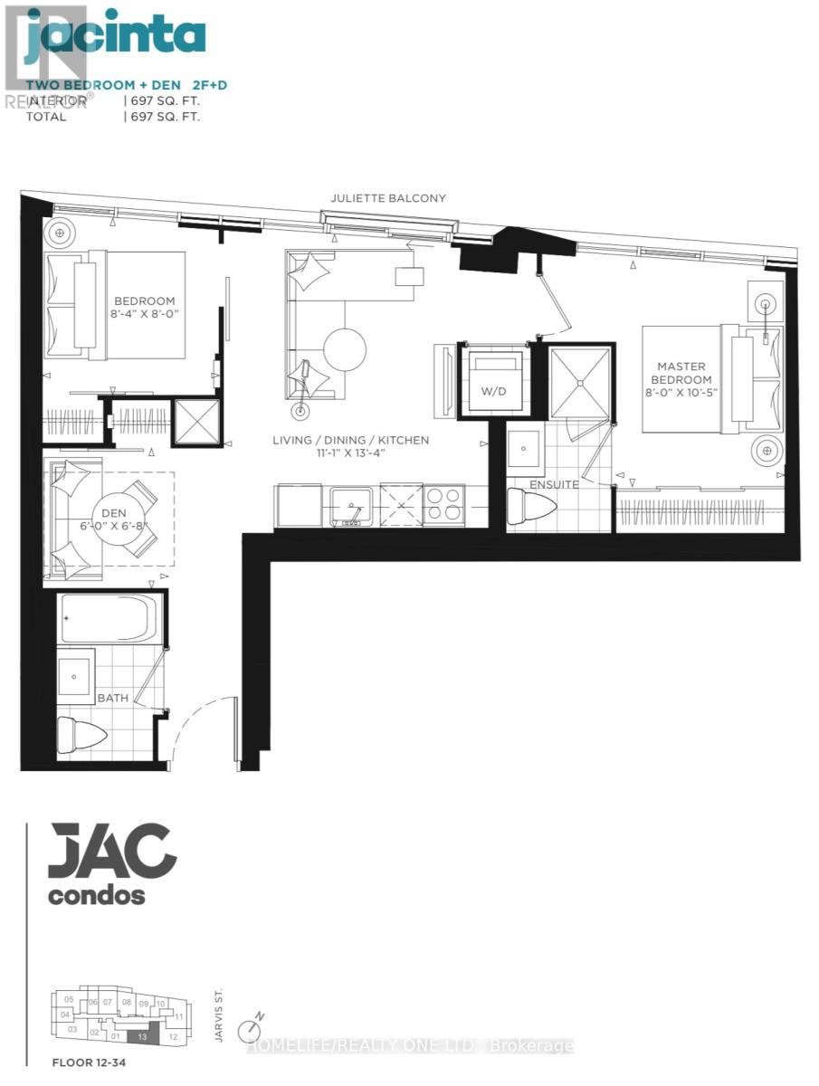 A floor plan for a two bedroom, den, and living room apartment.