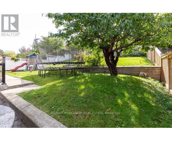A tree in a yard with a playground in the background.