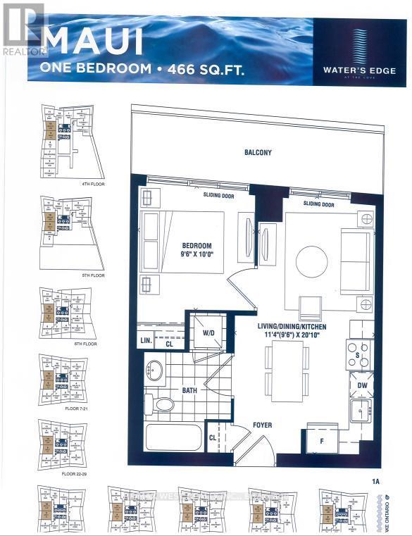 A floor plan for a one bedroom, 466 square foot apartment at Water's Edge in Maui.