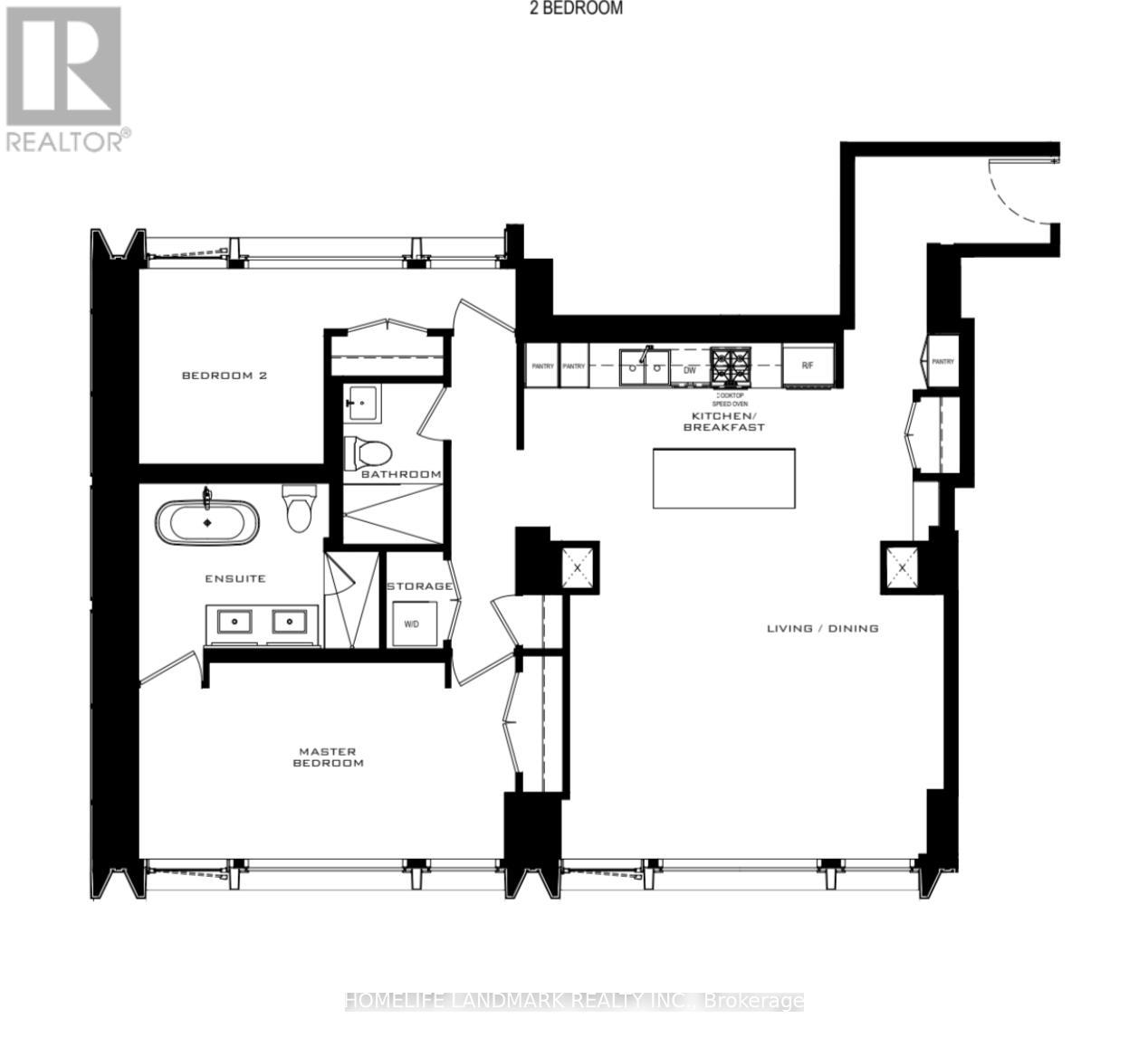 A floor plan of a 2 bedroom apartment with a living/dining area.