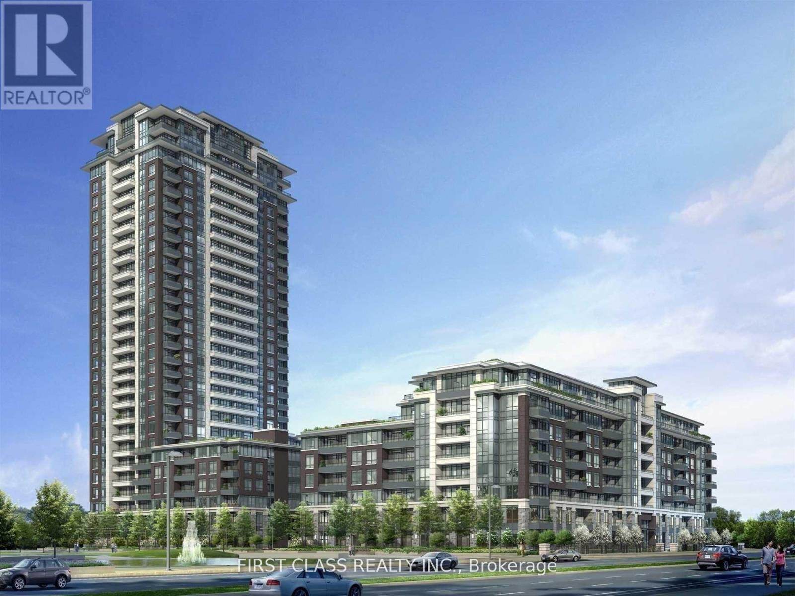 A rendering of a modern apartment complex with a tall building on the left and a shorter one on the right.