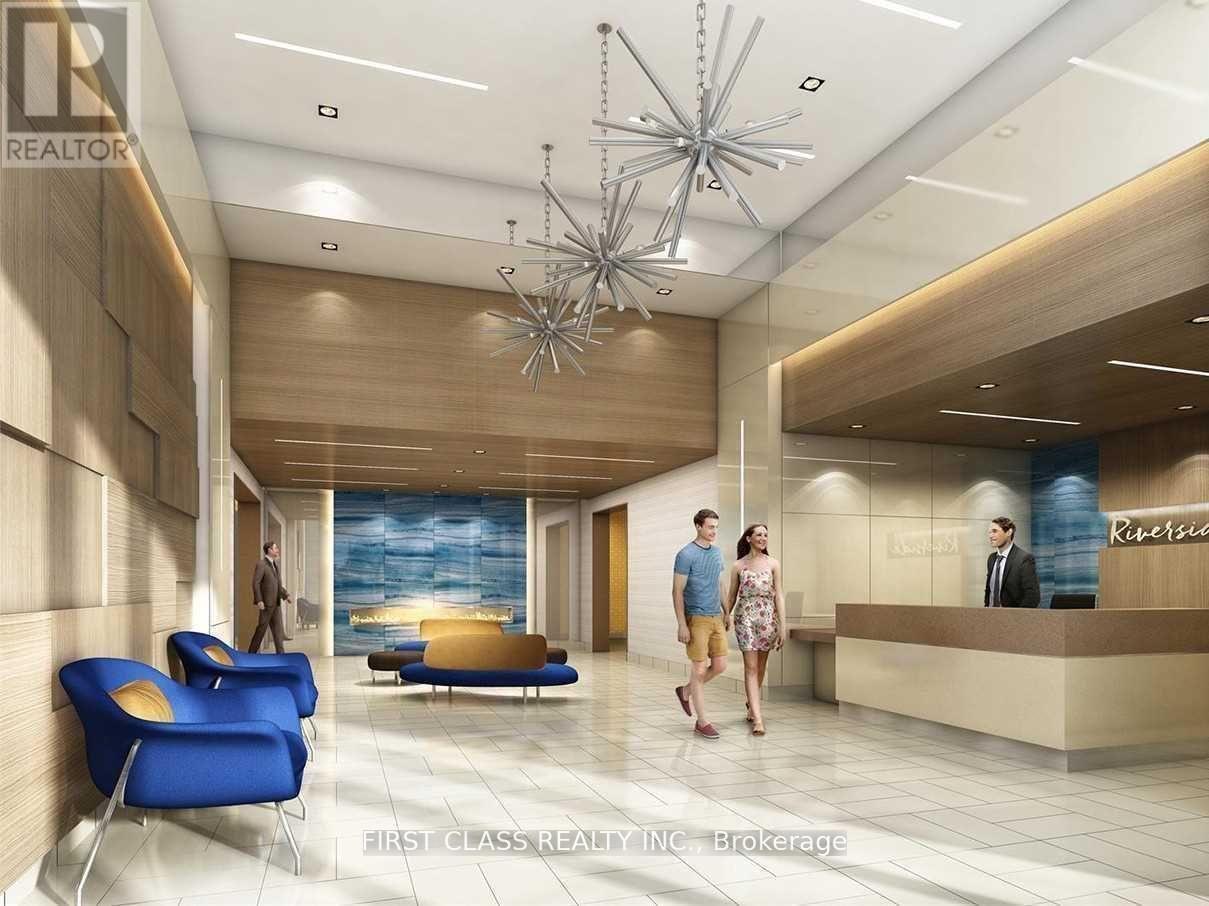 A brokerage office with people walking in and a receptionist at the desk.