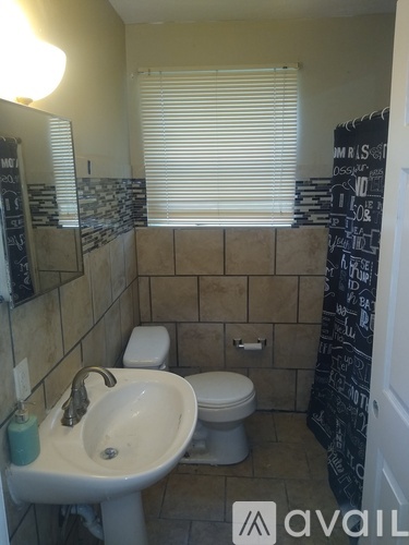 A bathroom with a toilet, sink and shower curtain.