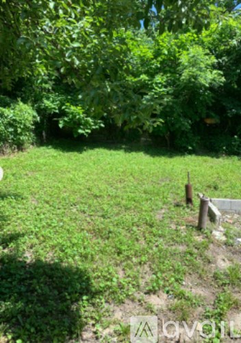 A grassy area with a tree and a small structure in the distance.