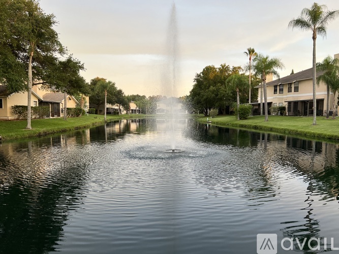 A fountain in the middle of a calm body of water with houses and palm trees in the background.