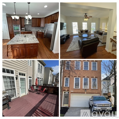 A collage of four images showcasing a modern kitchen, a living room, a deck, and a house exterior.