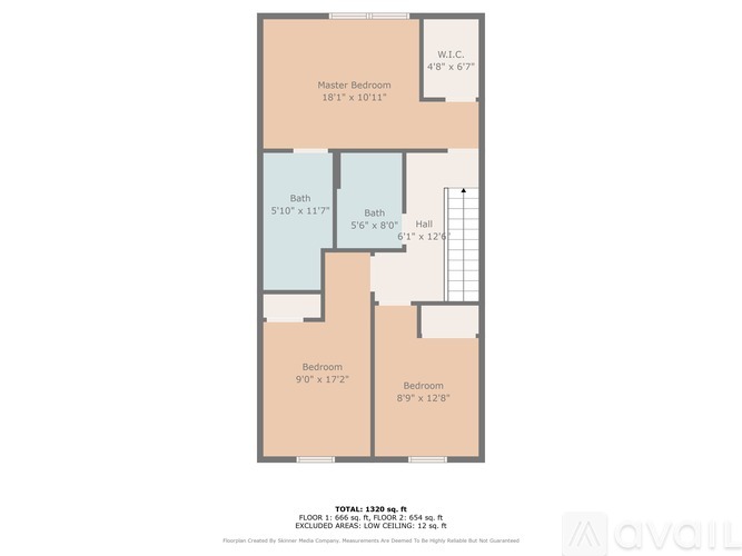A floor plan for an apartment with a master bedroom, two bathrooms, and two bedrooms.