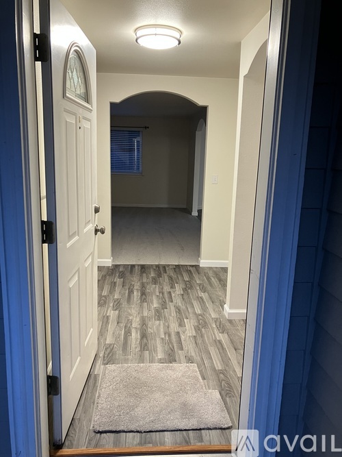 A hallway with a rug on the floor and a door on the left.