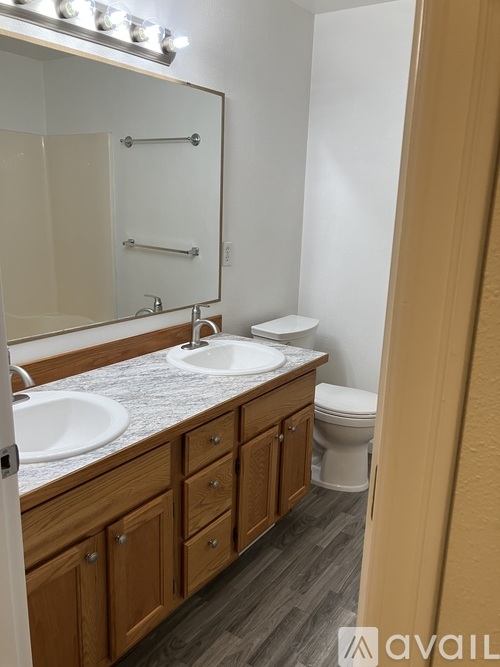 A bathroom with a mirror, two sinks, and a toilet.