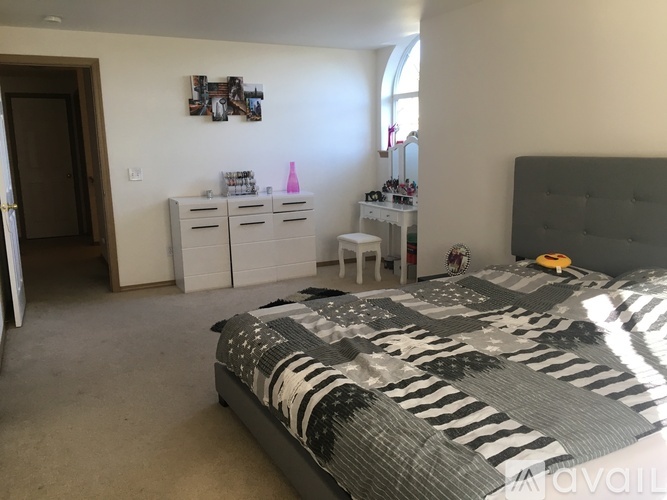 A bedroom with a bed, dresser, and mirror.