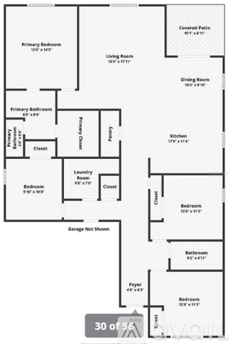 A floor plan of a house with a garage and a covered patio.