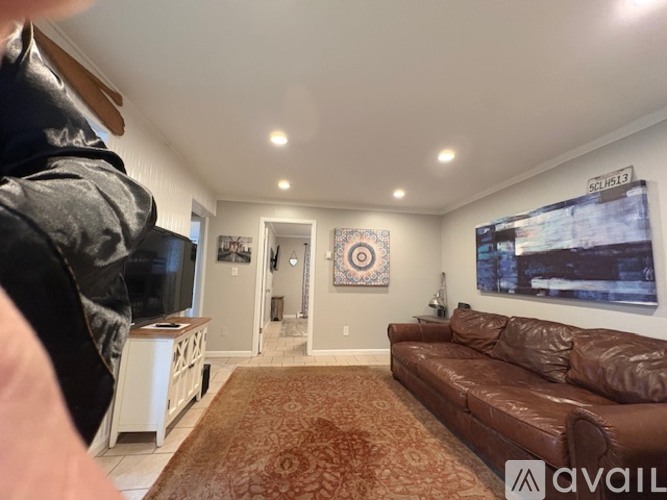 A living room with a brown couch and a television.
