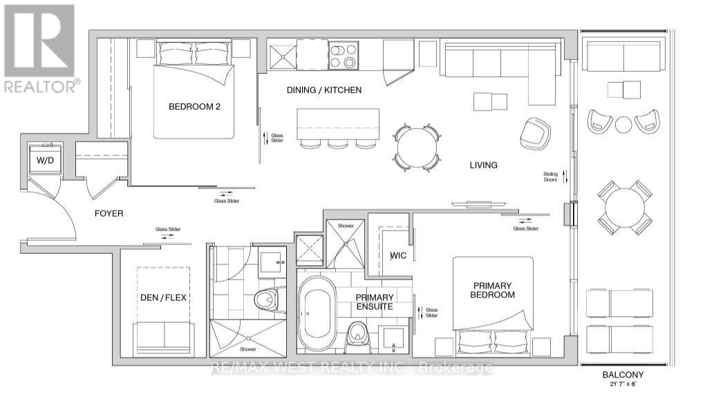 A floor plan of a home with a living room, dining area, two bedrooms, a bathroom, and a den/flex space.